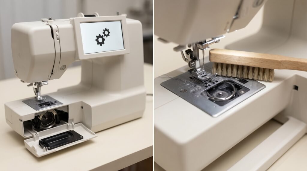 Computerized machine screen showing a gear-icon error beside an open hook race with visible lint before cleaning