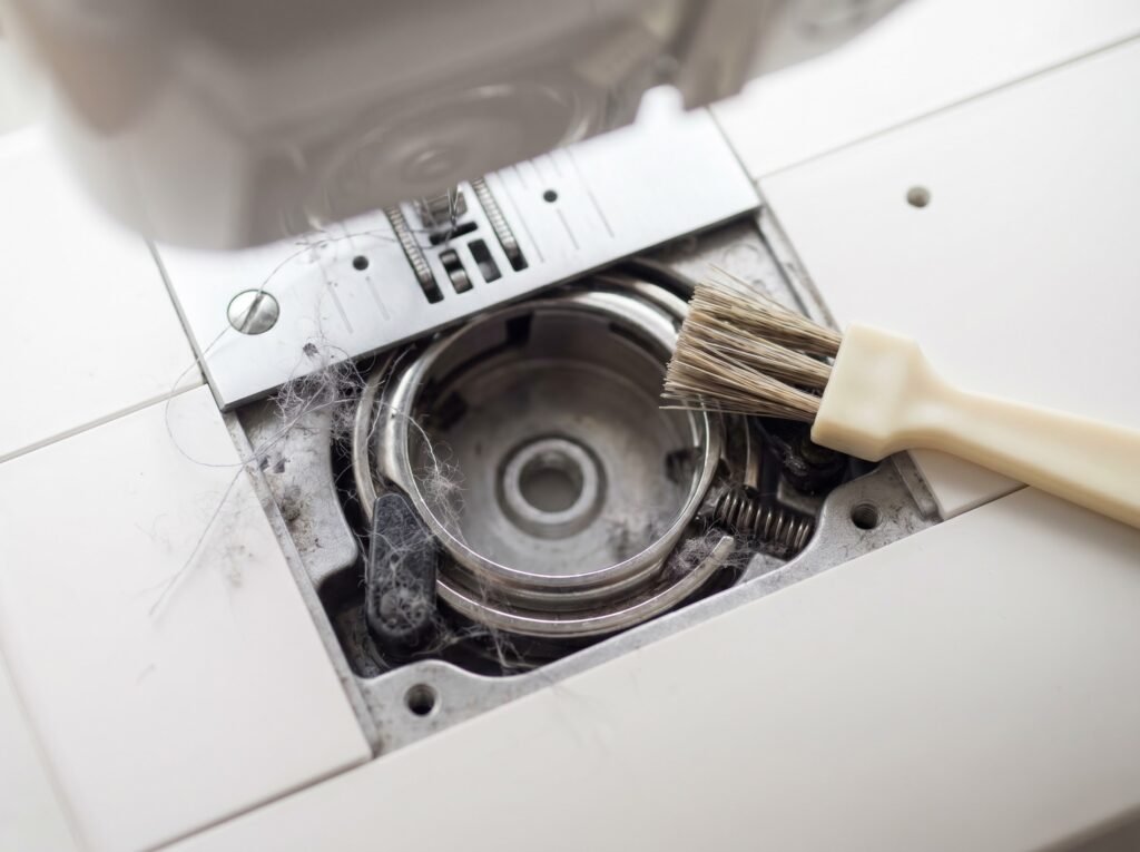 Open bobbin area of a home sewing machine showing lint in the race before cleaning