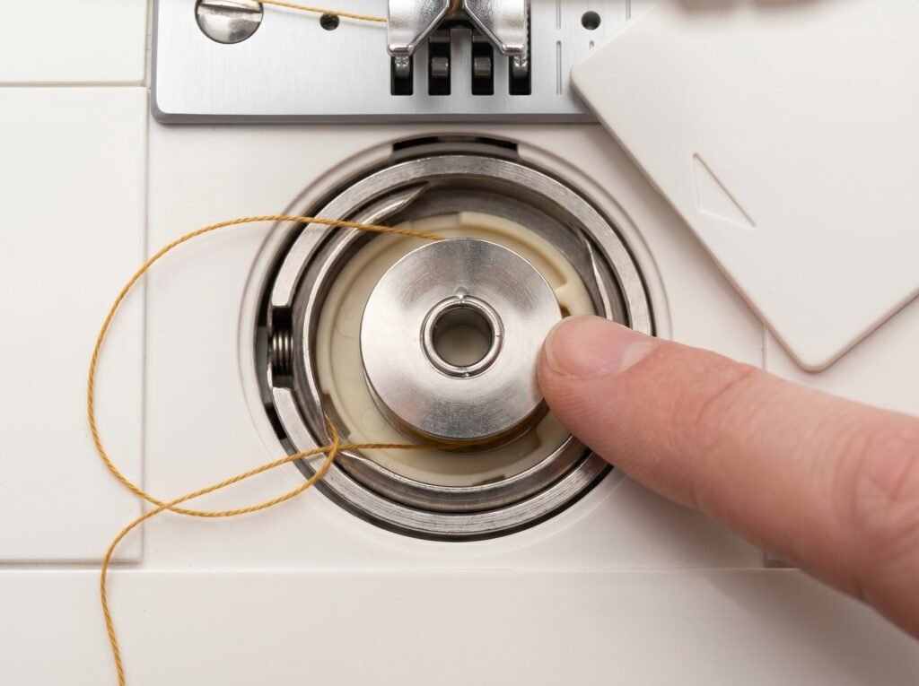 Class 15 bobbin inserted with mustard thread unwinding left and seated through tension spring