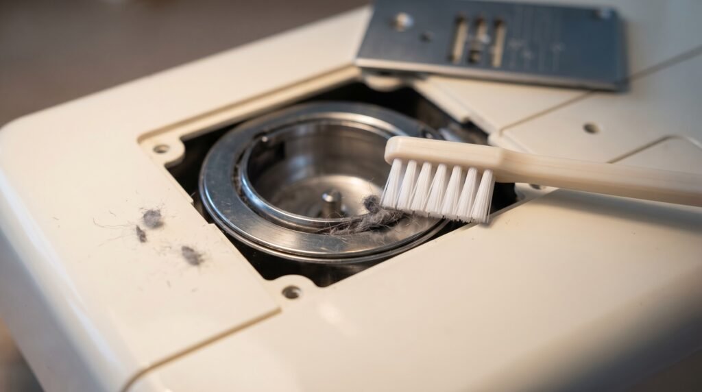 Close-up of sewing machine bobbin race being cleaned with lint brush, lint visible in hook area