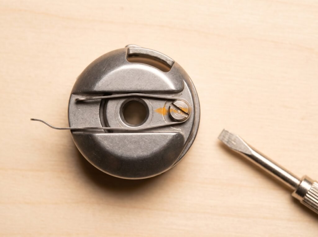 Sewing-machine bobbin case showing the slotted tension spring screw with factory paint seal