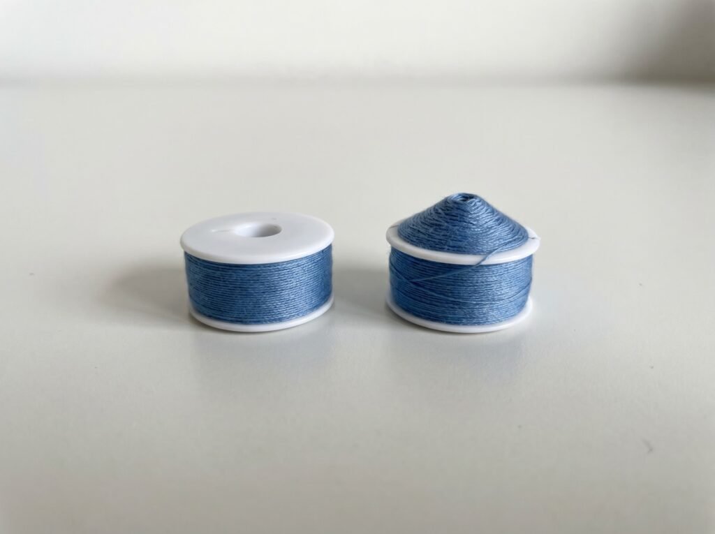 correctly wound bobbin beside a mountain-wound bobbin showing uneven thread distribution