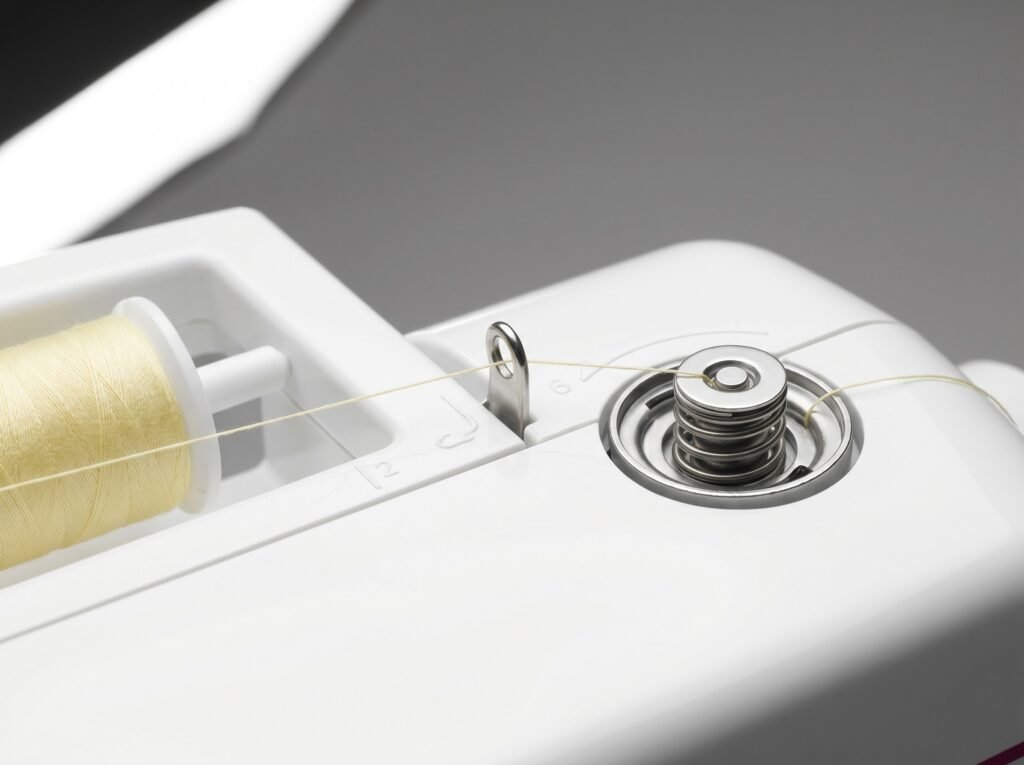 thread routed through the intermediate guide and winding tension disc on a sewing machine top plate
