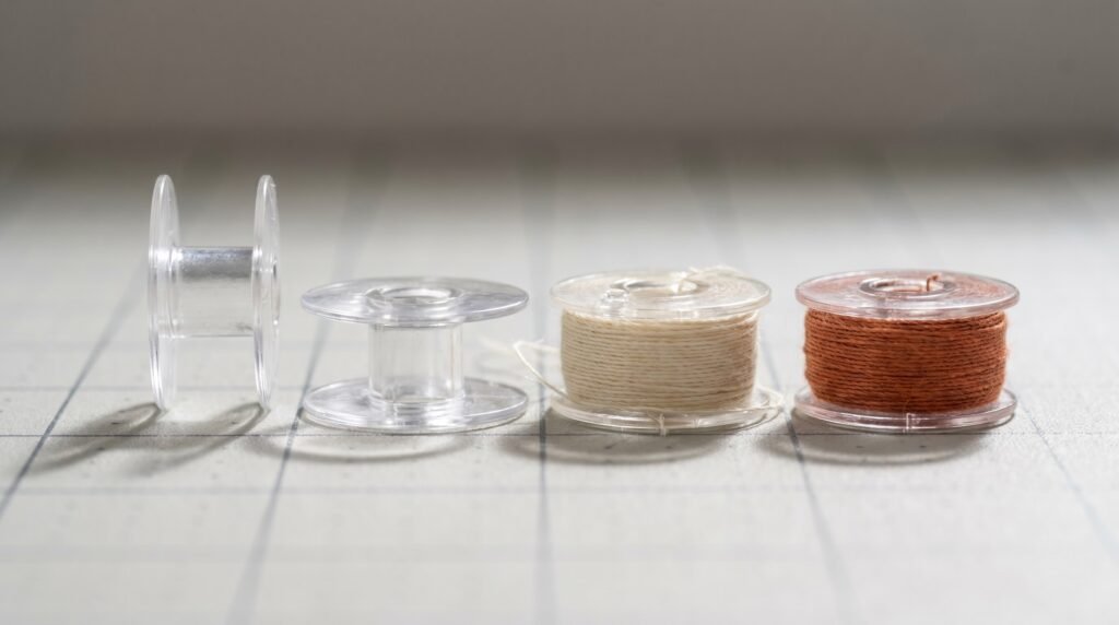 four sewing machine bobbins arranged side by side, two empty and two wound with thread