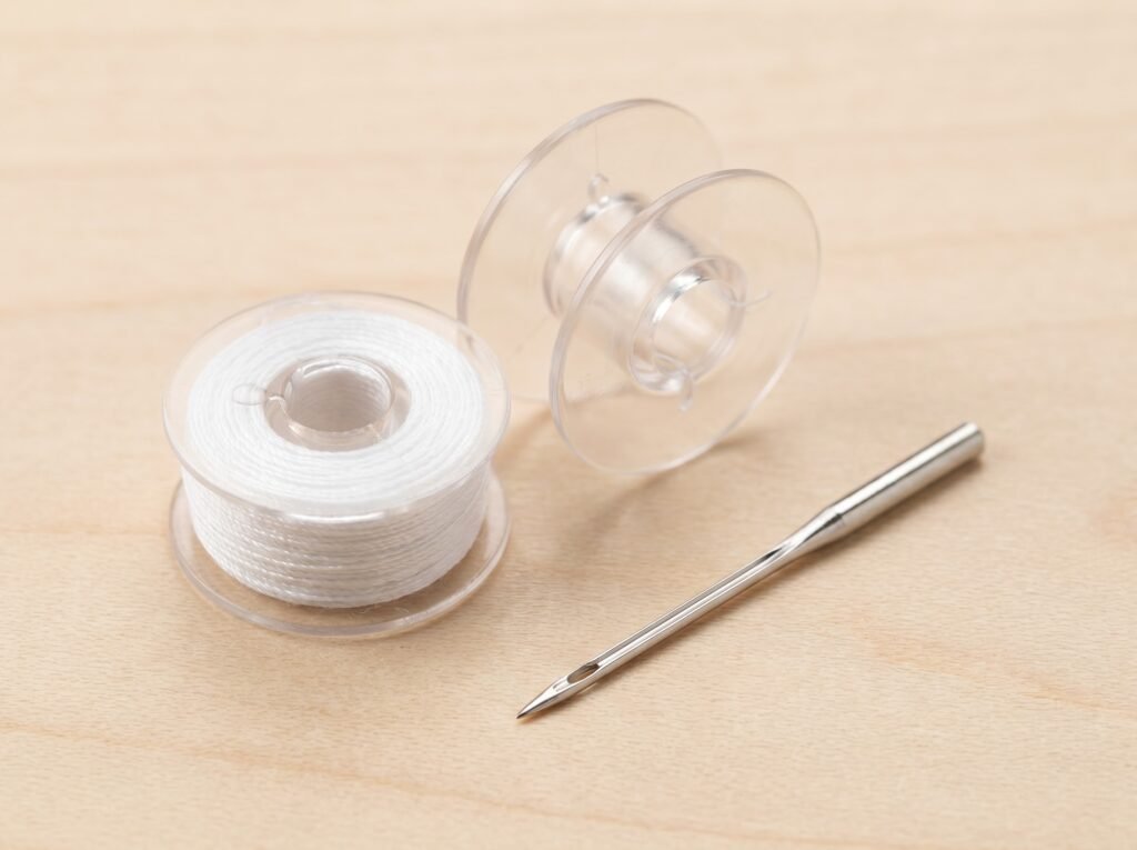 two Class 15 plastic bobbins and a flat-shank 130/705 needle on a pale birch wood surface