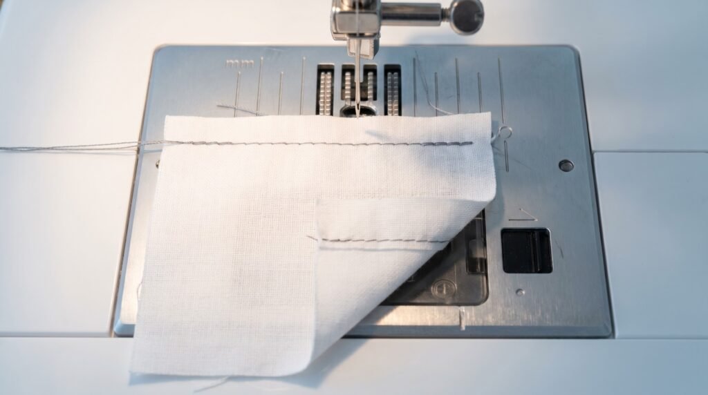 sewing machine test fabric showing balanced straight stitch on top side and underside