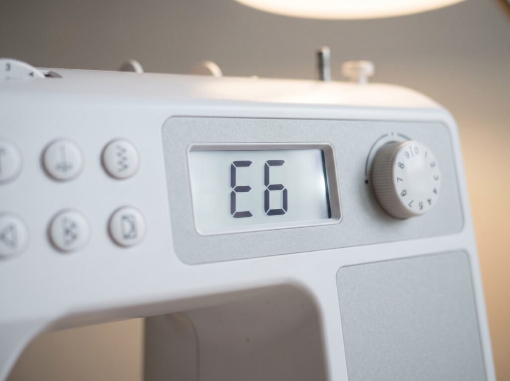 computerized sewing machine control panel showing an E6 error code on the LCD display