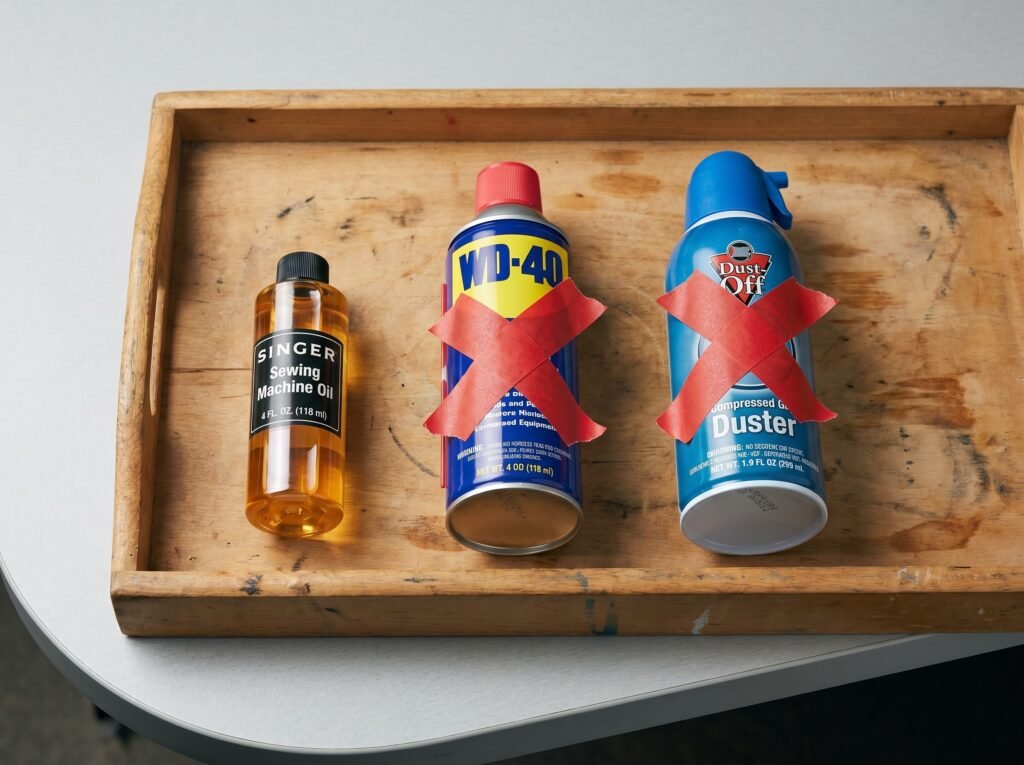 Sewing machine oil (correct choice) shown next to WD-40 and compressed air, both crossed out as products to avoid on sewing machines