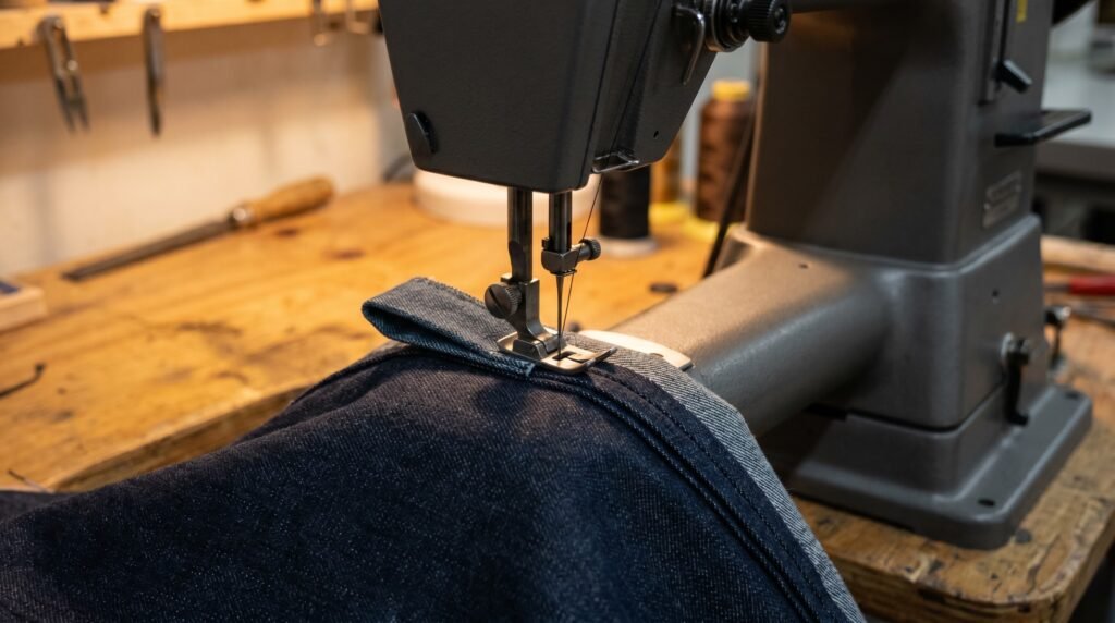 folded denim scrap used as hump jumper under presser foot leveling over thick jeans hem seam with sewing machine needle down in fabric