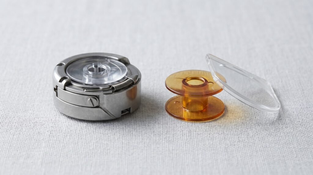 Front-load metal bobbin case and drop-in plastic bobbin side by side showing both system types