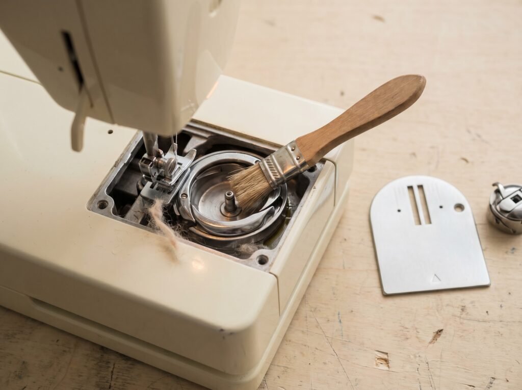Lint brush cleaning the hook race of a domestic sewing machine with needle plate removed