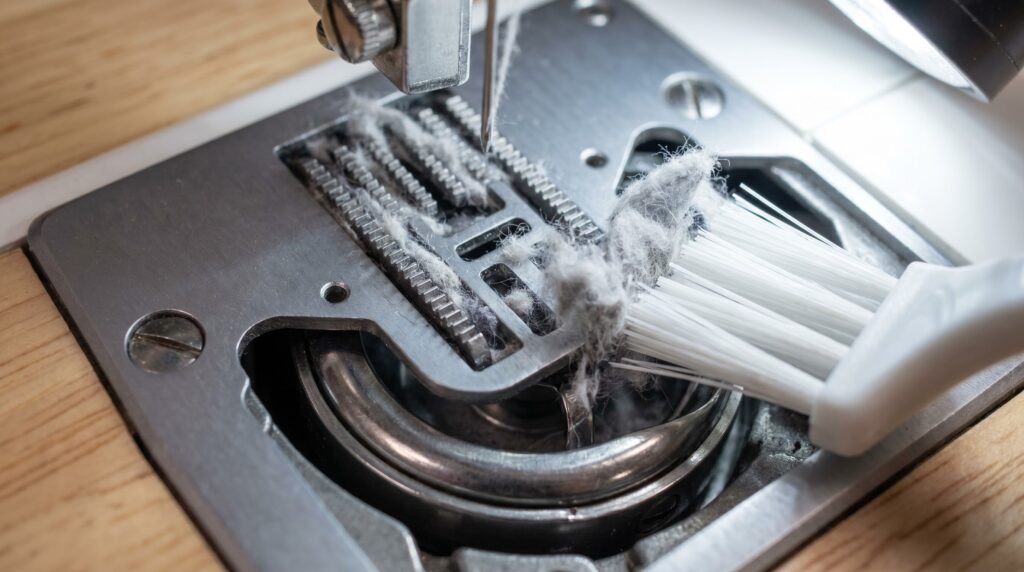 close-up of sewing machine feed dogs with lint between teeth being brushed out