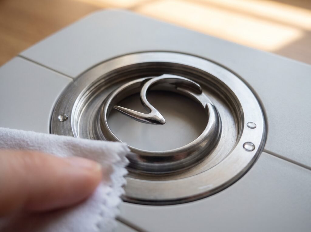 hook race inside a sewing machine being wiped with microfiber cloth after lint removal