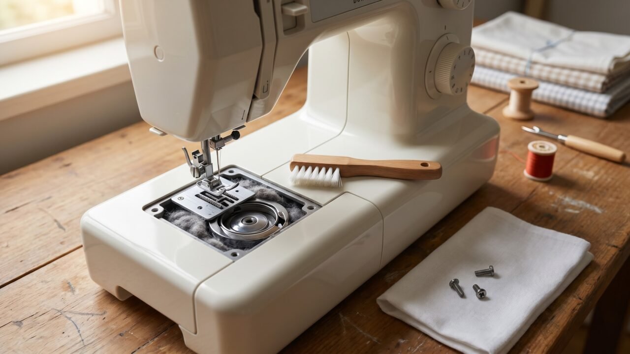 How to clean a sewing machine: lint, hook race, and feed dogs step by step