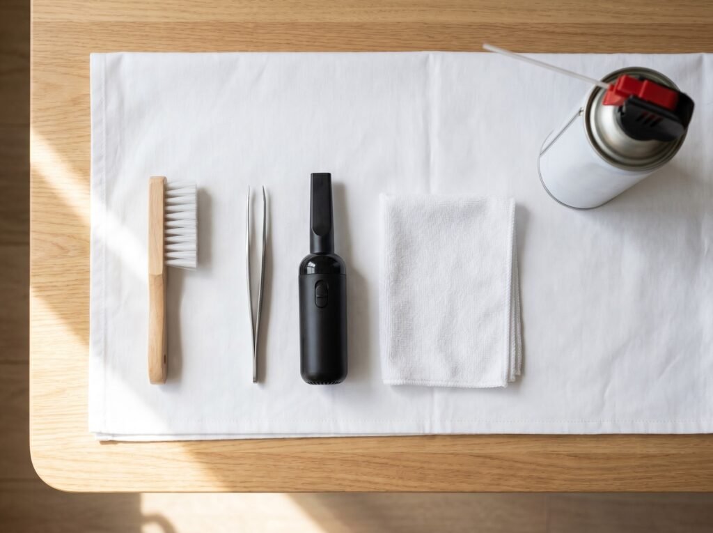 cleaning tools for a sewing machine: lint brush, tweezers, vacuum, cloth, with compressed air set aside