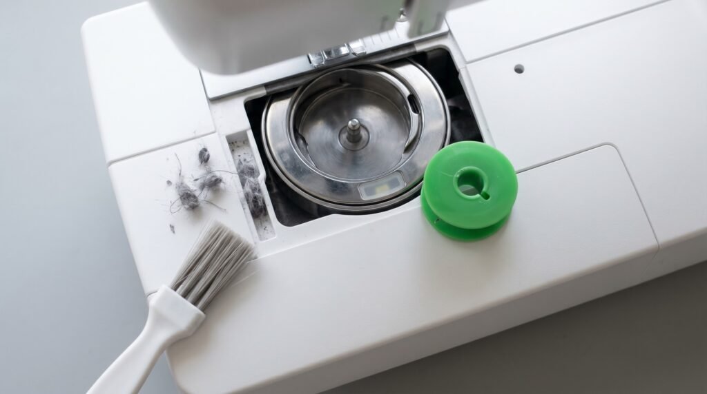 Open drop-in bobbin compartment with a small green bobbin beside a lint brush clearing the sensor area