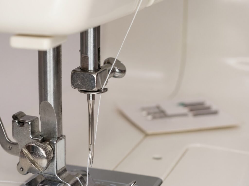Sewing machine needle installed with flat shank facing back in 130/705 H needle clamp of a cream-white machine