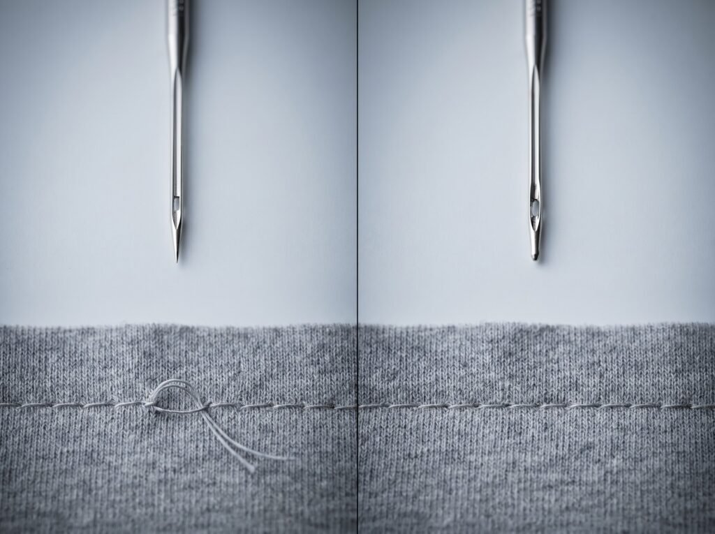 Sharp universal sewing machine needle versus ballpoint jersey sewing machine needle with knit fabric showing skipped versus clean stitches