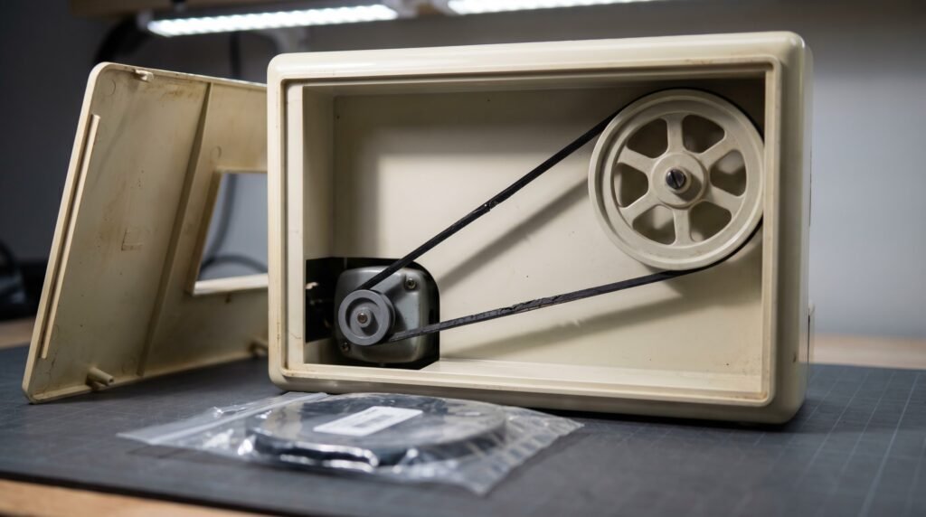 compact 1980s mechanical sewing machine side panel open showing the drive belt and motor pulley, with a replacement belt in packaging beside it