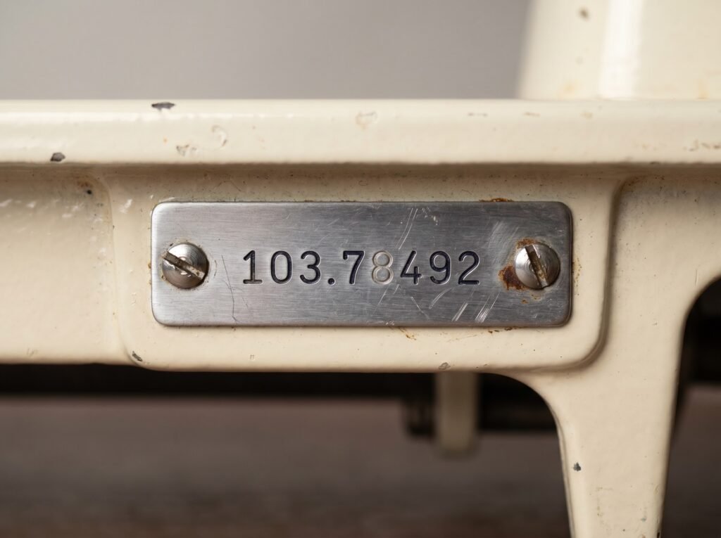 close-up of a stamped metal identification plate on a vintage all-metal sewing machine base