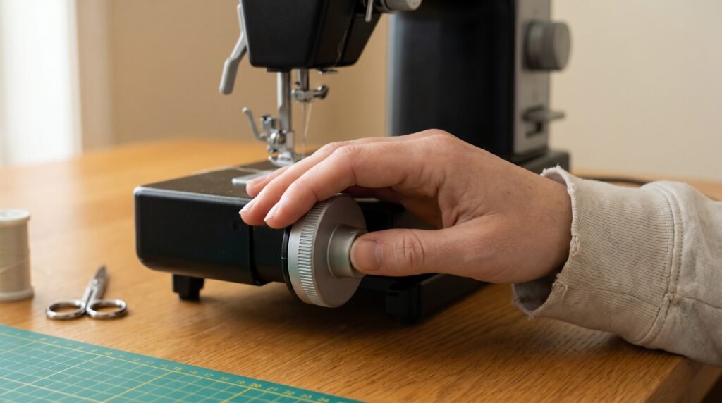 hand resting lightly on sewing machine handwheel during a jam clearance
