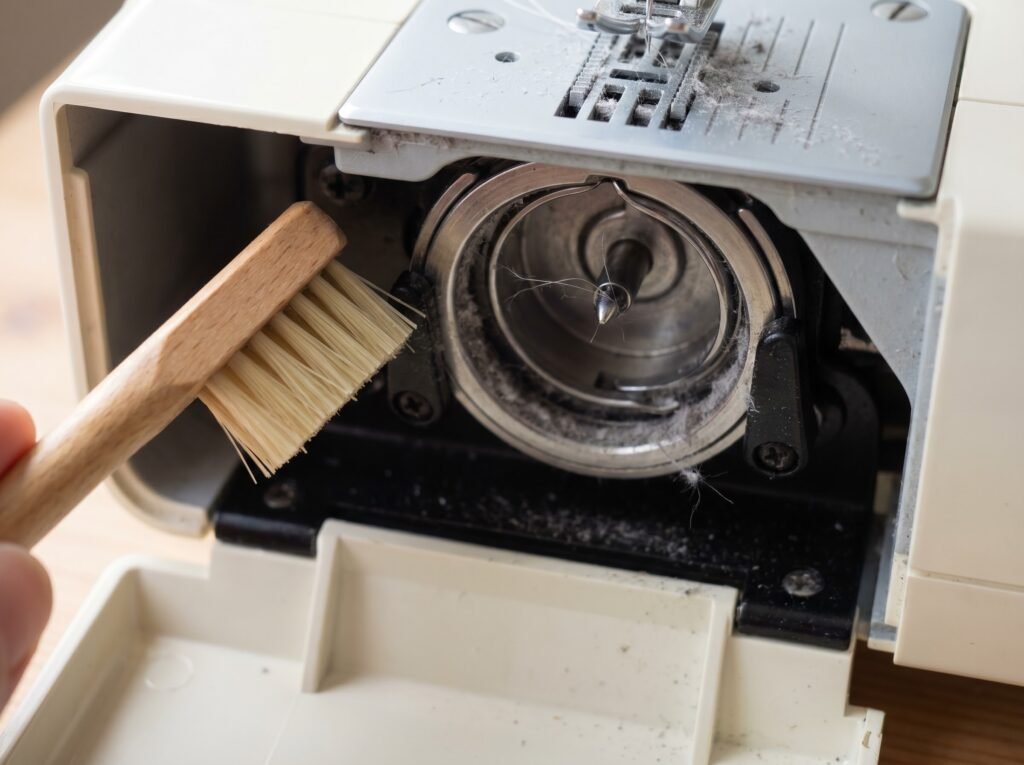 lint buildup in the hook race of a home sewing machine with the front access panel open