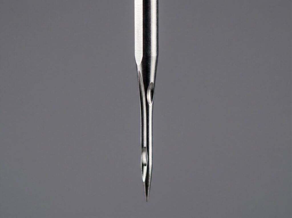 close-up macro of a sewing machine needle showing the scarf groove, long groove, and eye