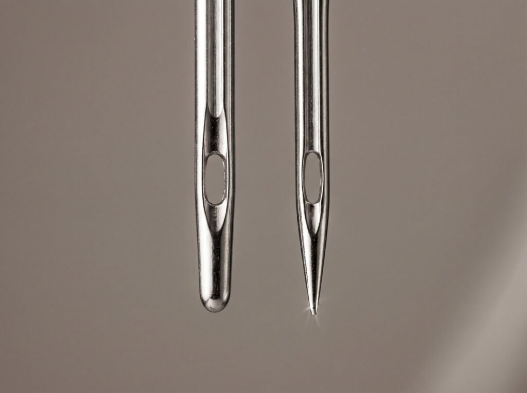 ballpoint sewing machine needle rounded blunt tip compared to sharp microtex sewing machine needle tip in extreme close-up