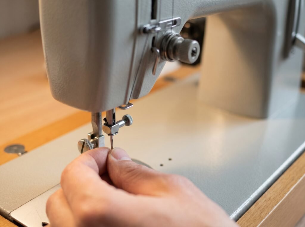 hands inserting a sewing machine needle into the clamp area with the flat shank clearly visible