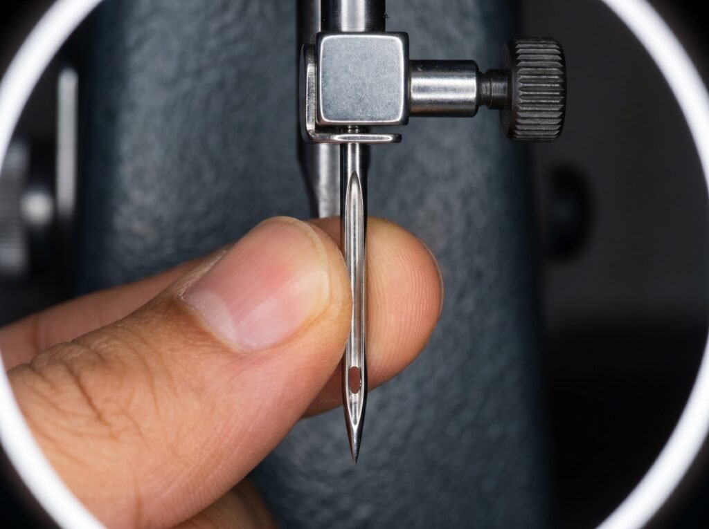 130 705 H sewing machine needle (flat shank) pushed fully up into needle clamp with flat side facing back