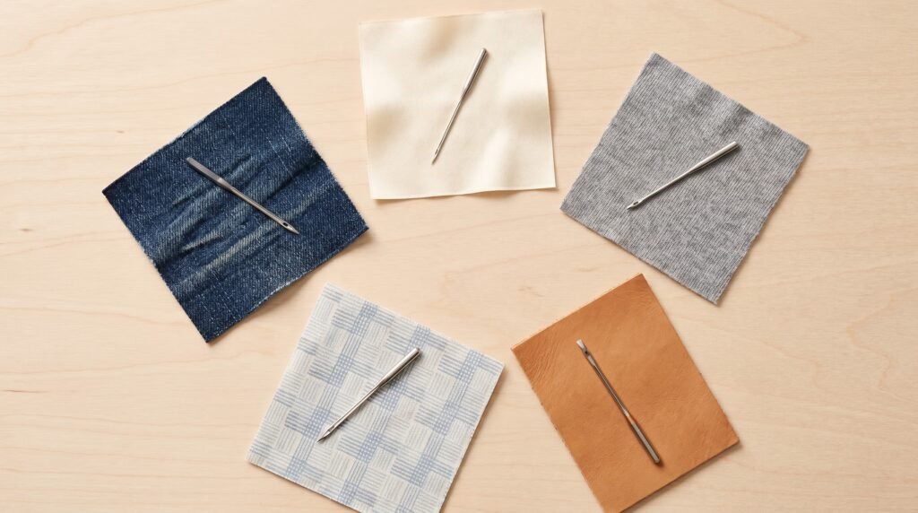 five fabric swatches on a wood surface each paired with the correct sewing machine needle type
