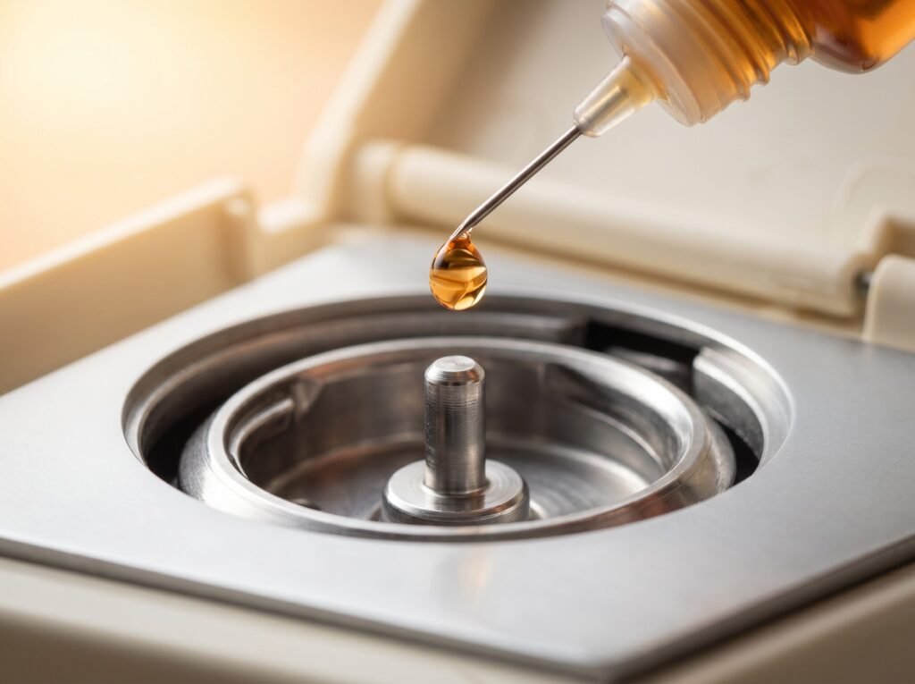 Single drop of sewing machine oil falling onto the hook race from a needle-tip applicator bottle