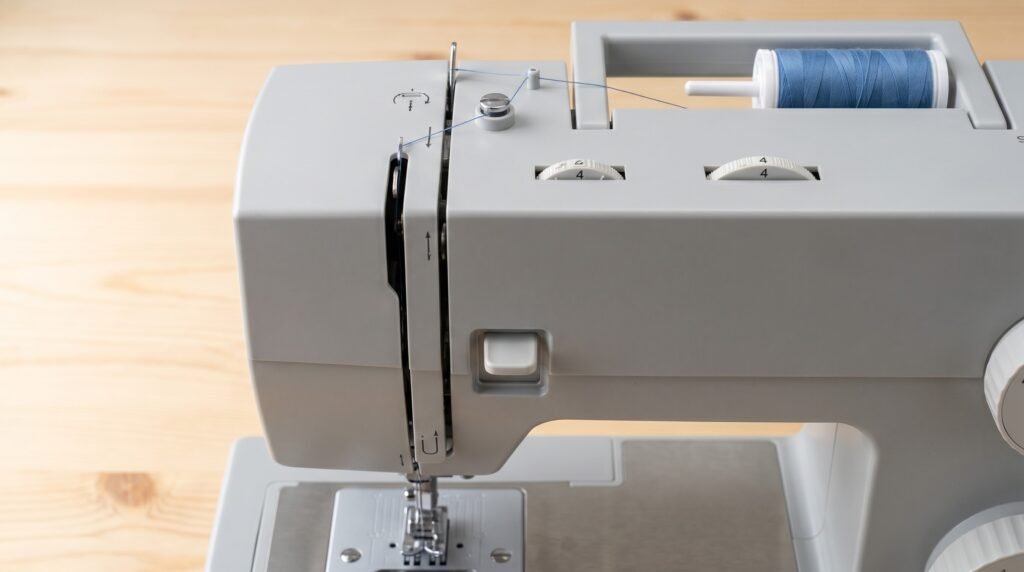 Sewing machine threading path showing upper thread guides and take-up lever - raise the presser foot lever before following this path to open the tension discs