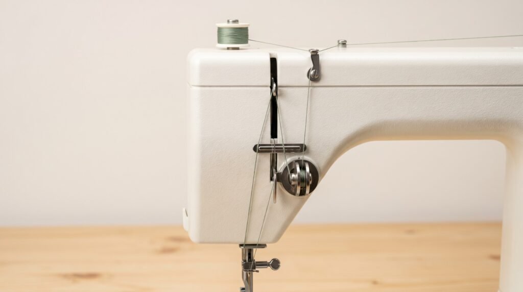 Presser foot fully raised on mechanical sewing machine with thread seated in open tension discs