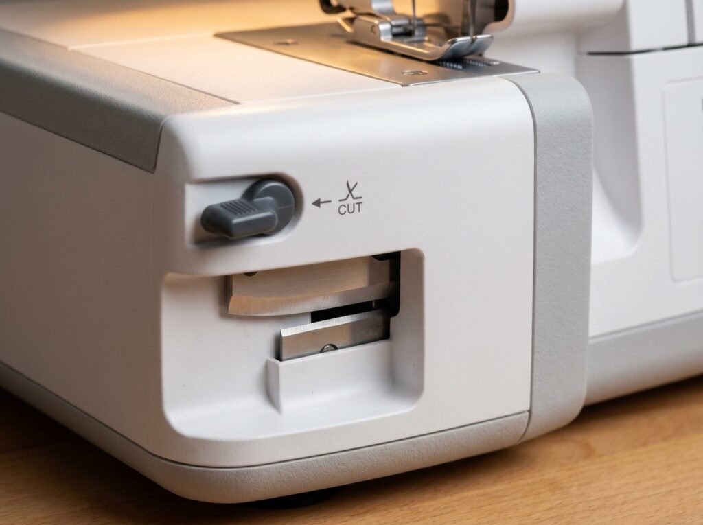 Serger knife-engagement lever in active position with upper and lower knife blades exposed in the front access panel