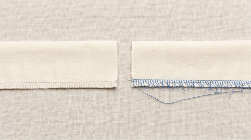 Two overlock seam samples side by side showing a correct stitch and lower looper tension loops