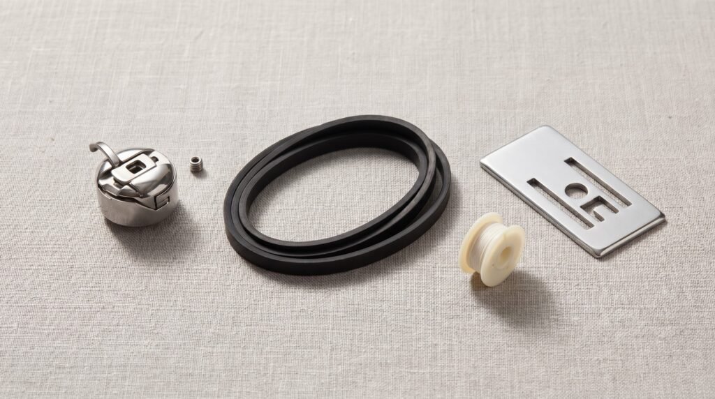 Sewing machine replacement parts including a bobbin case, drive belt, bobbin winder spindle, and throat plate arranged on linen cloth