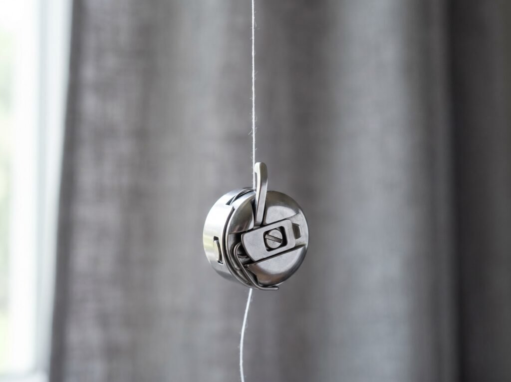 Metal front-load bobbin case suspended by white thread mid-slip during the drop tension test