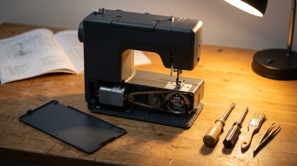 Mechanical sewing machine with side panel removed on a workbench showing the drive belt and hook assembly