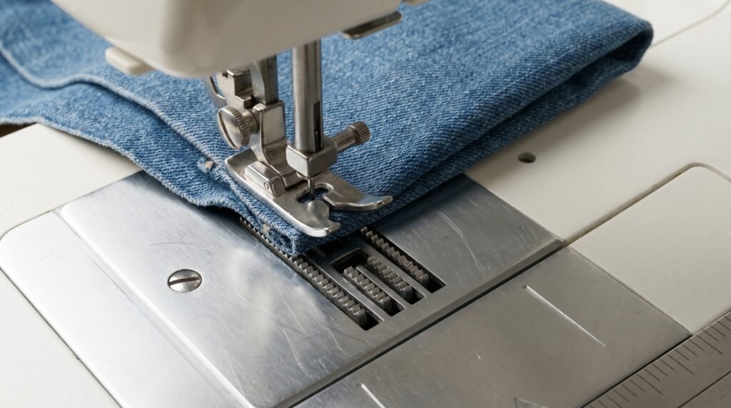 Sewing machine feed dogs raised through the throat plate gripping blue denim fabric, with sewing machine needle visible above the needle hole