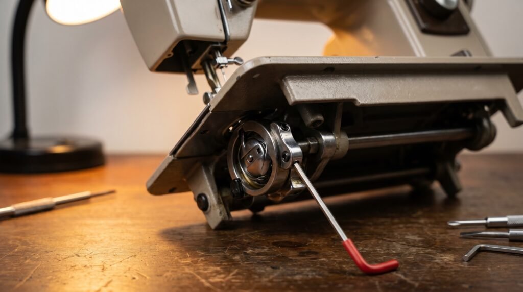 hook carrier setscrew on a sewing machine lower shaft, Allen key for timing adjustment