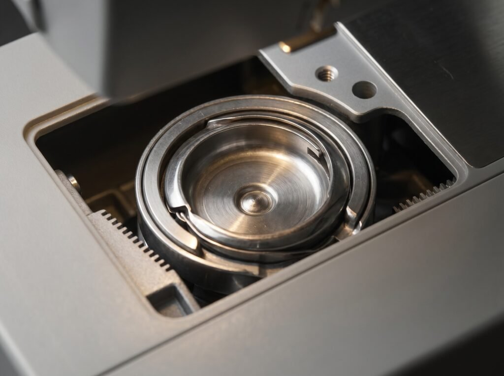 Domestic sewing machine with stitch plate removed showing clean hook race and rotary hook assembly