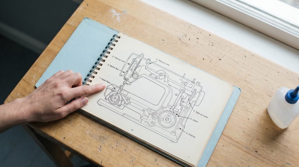 Open sewing machine manual showing numbered oiling diagram with hook race oil point indicated