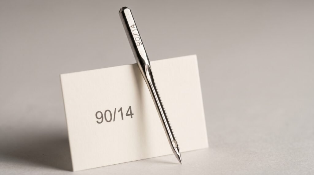 Close-up of a 90/14 sewing machine needle showing the scarf indentation above the eye, with the flat shank at top and eye near the sharp point