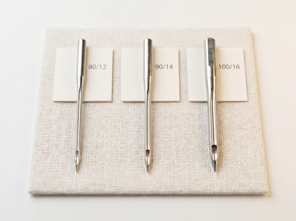 Three 130/705 H sewing machine needles in sizes 80/12, 90/14, and 100/16 compared side by side