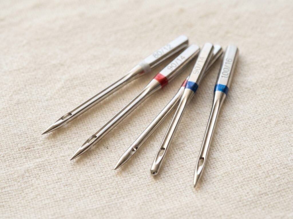 five 130/705 H flat-shank sewing machine needles in different sizes on linen