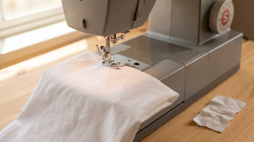 Sewing machine running a scrap fabric test pass after oiling to absorb any excess oil