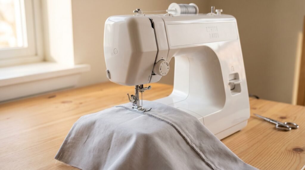Home sewing machine stitching a clean seam on grey fabric after correctly rethreading