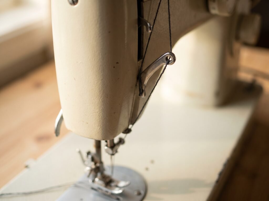 Take-up lever on a home sewing machine with thread correctly routed through the hook