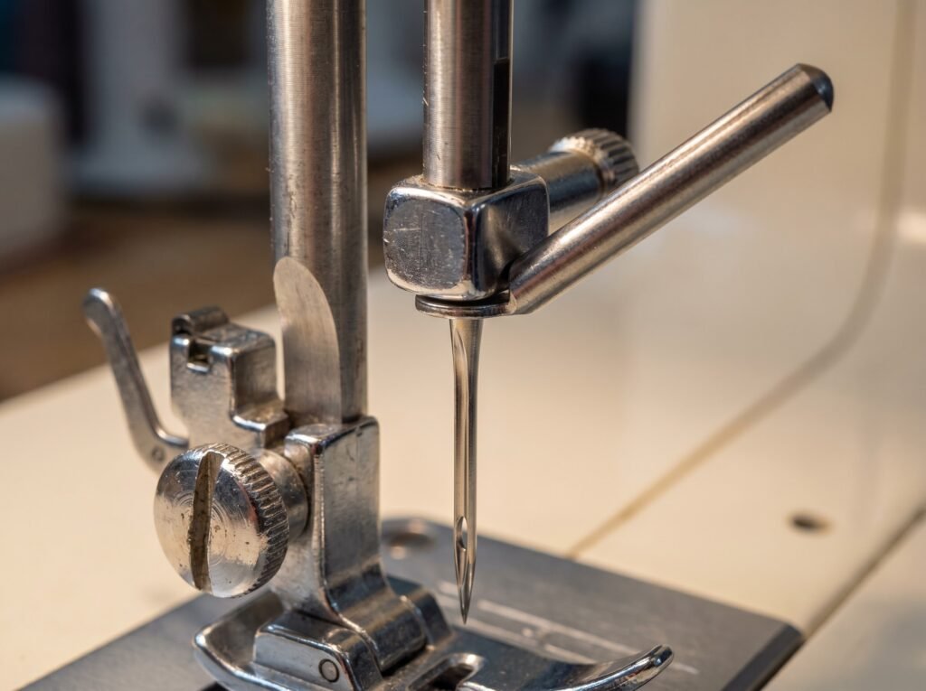 Sewing machine needle installed with flat shank facing back, correct 130/705 home sewing machine needle position in the needle clamp